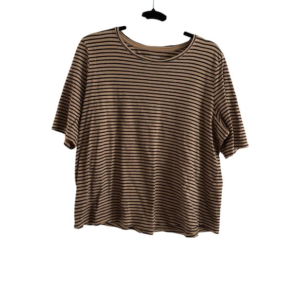 Eileen Fisher Women L Brown Black Striped Organic Cotton Short Sleeve T-Shirt - Picture 2 of 9